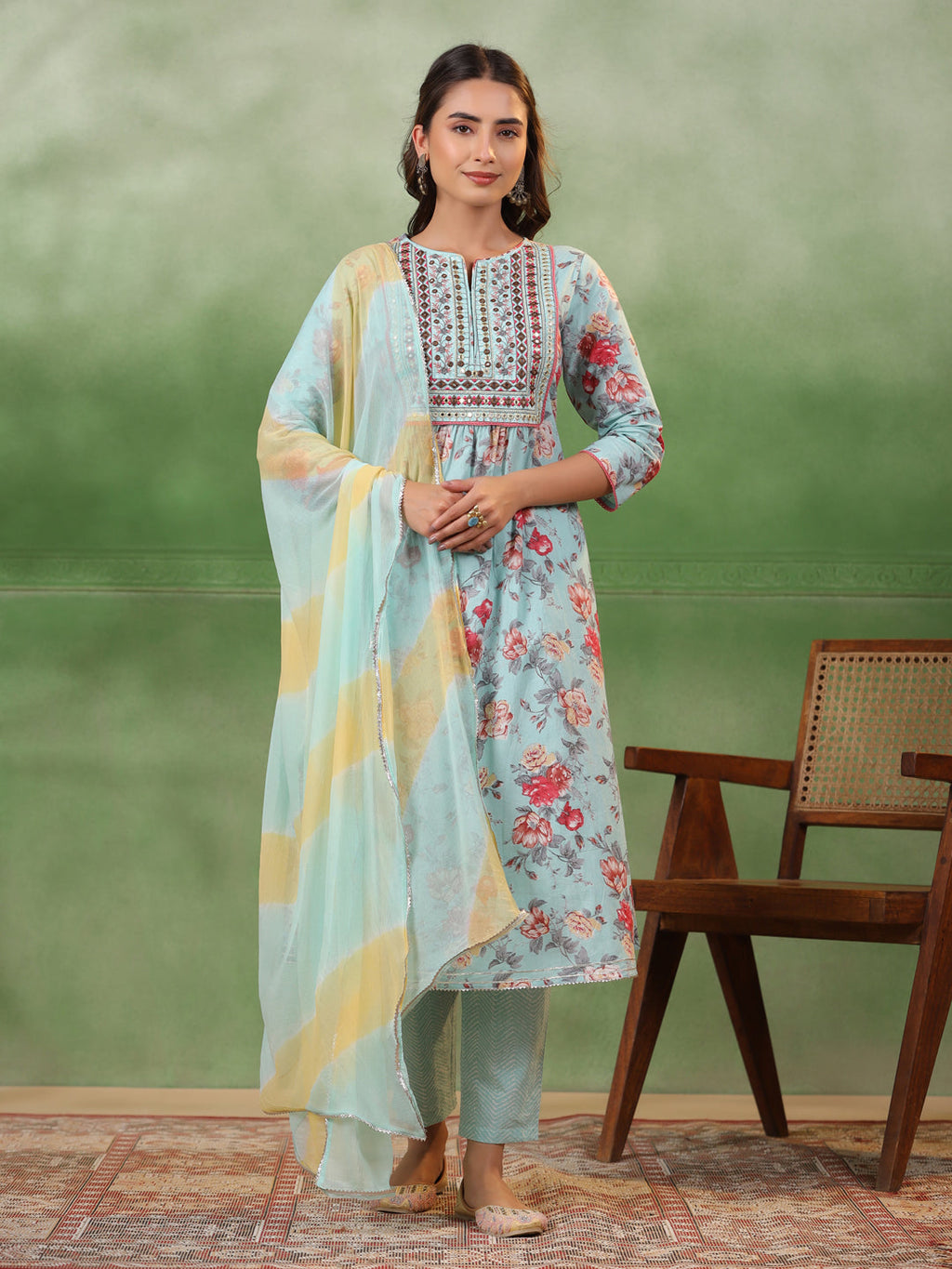 Blue Cotton Kurta Set with Dupatta - SanskrutiHomes 