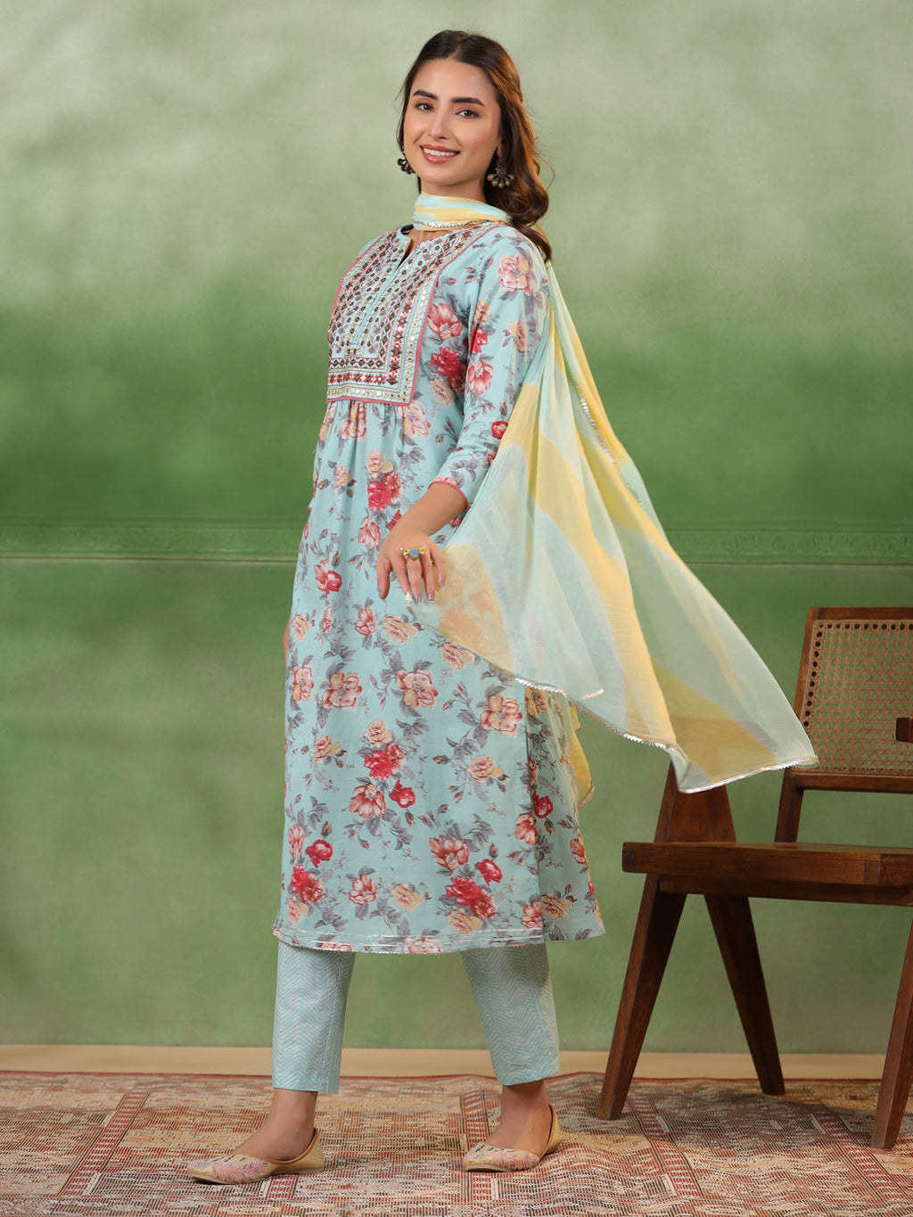 Blue Cotton Kurta Set with Dupatta - SanskrutiHomes 