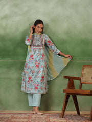 Blue Cotton Kurta Set with Dupatta - SanskrutiHomes 