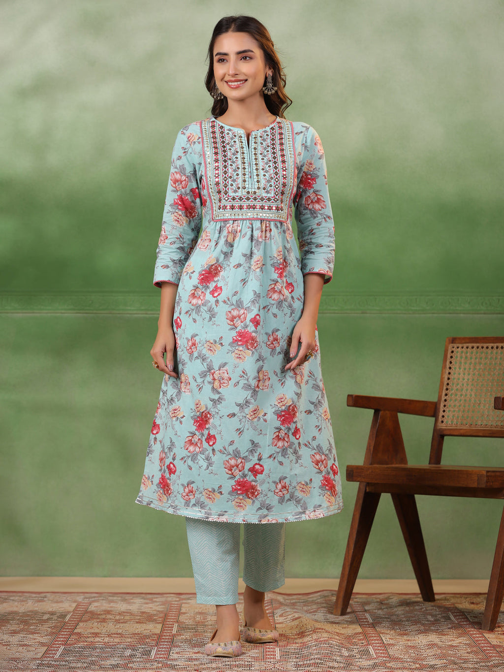 Blue Cotton Kurta Set with Dupatta - SanskrutiHomes 