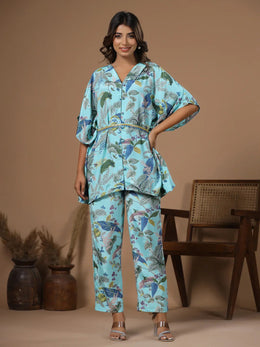 Floral baby blue Silk Blend Kaftan Kurta with Trousers - SanskrutiHomes 