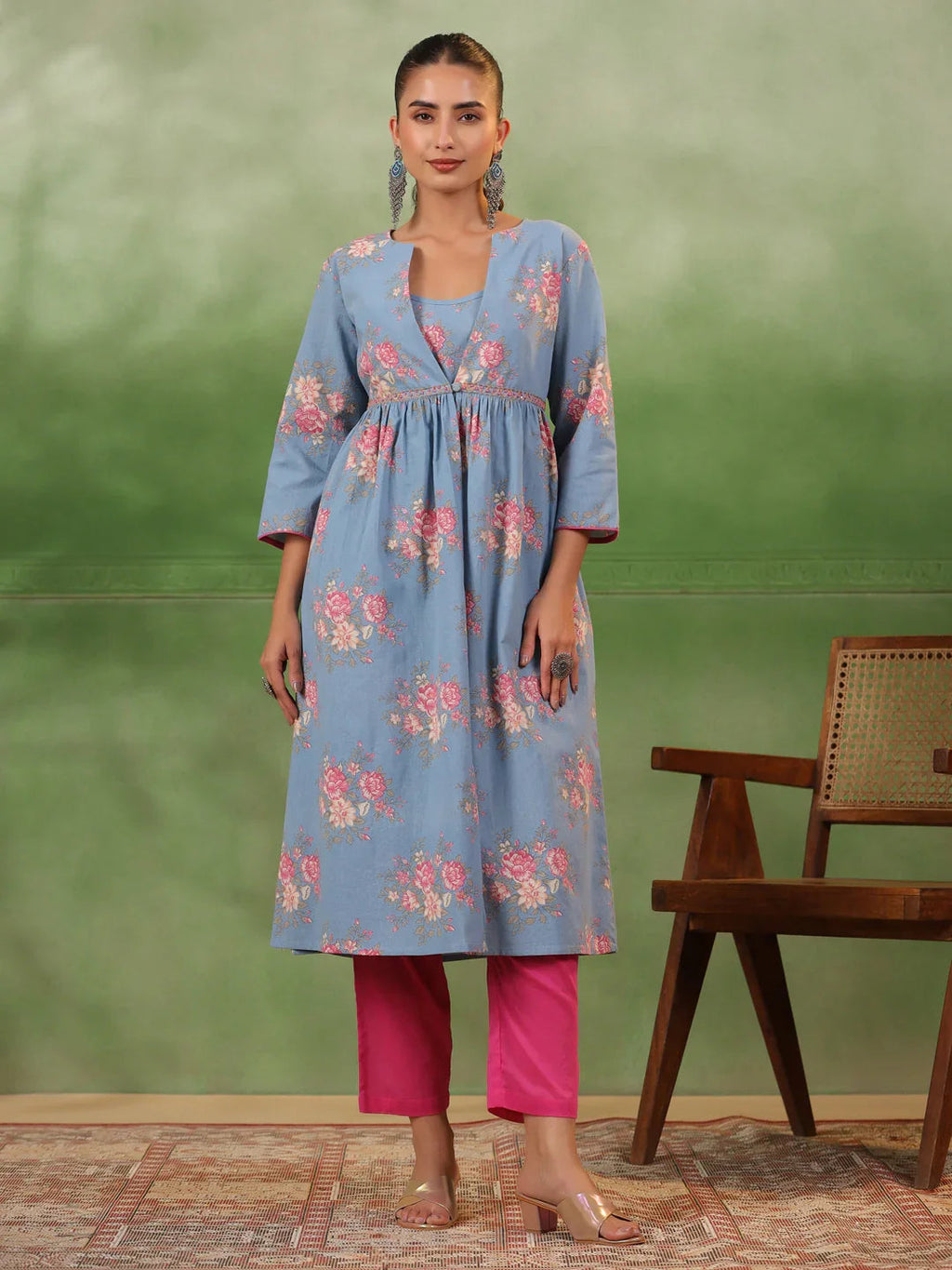 Floral Printed 3 pcs Cotton Kurta Set for Women - SanskrutiHomes 