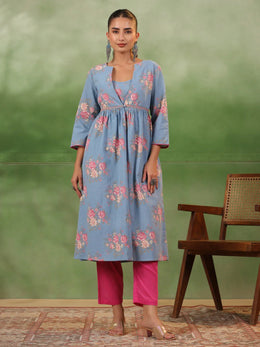 Floral Printed Regular Thread Work Pure Cotton A-Line Kurta With Trouser - SanskrutiHomes 