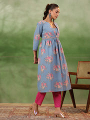Blue V-Neck Floral Print Pure Cotton A-Line Kurta Set For Women