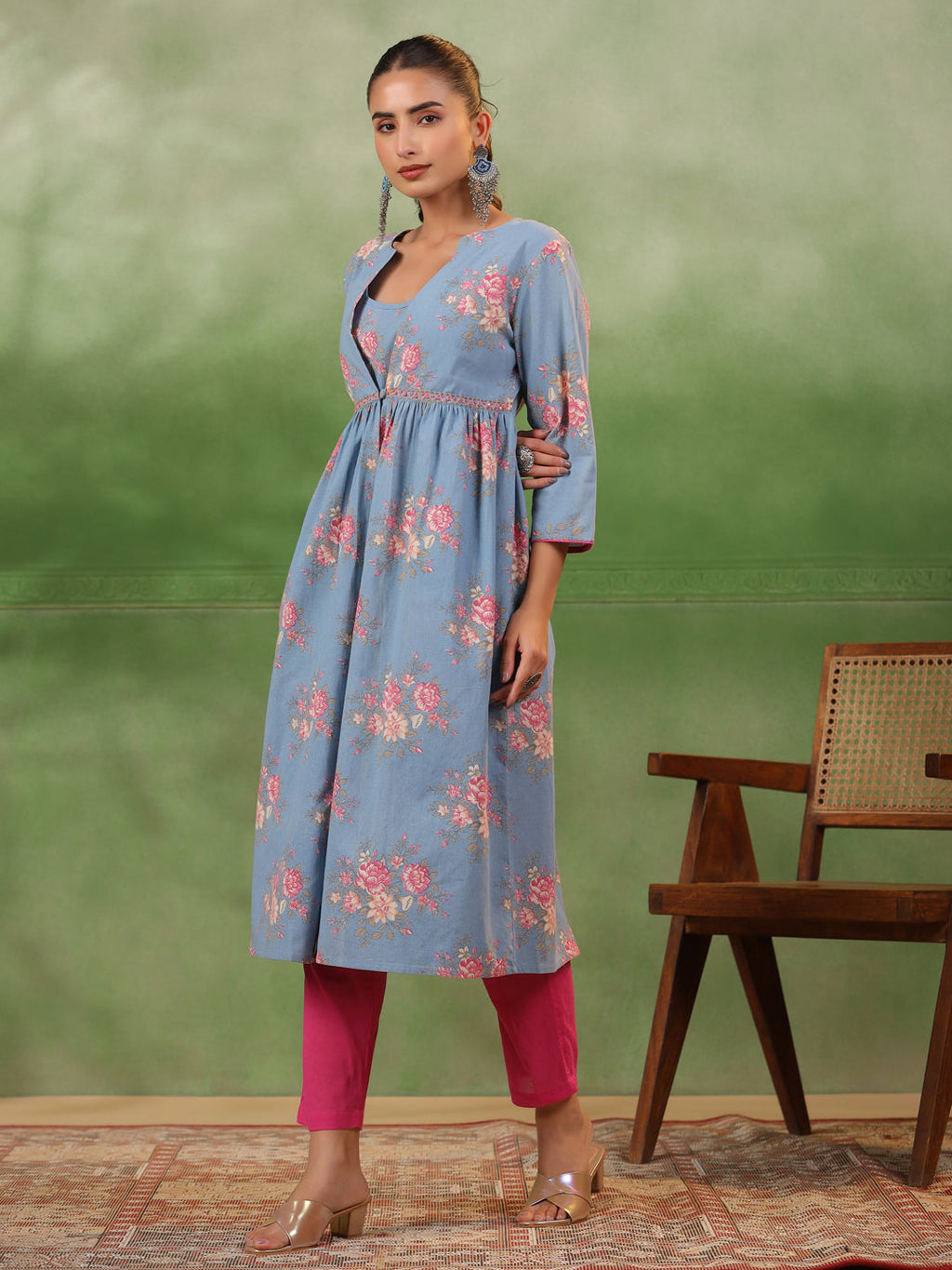 Floral Printed 3 pcs Cotton Kurta Set for Women - SanskrutiHomes 
