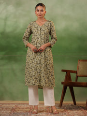 Green & white Pure Cotton Printed V-Neck Kurta Set for Women - SanskrutiHomes 