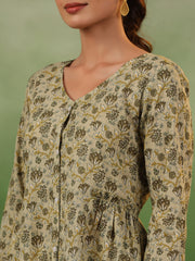 Green & White Pure Cotton Printed V-Neck Kurta Set For Women