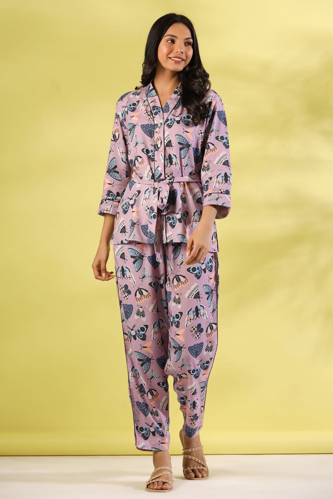 Multicolor Butterfly Printed V-Neck Modal Pyjama Night Suit For Women