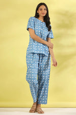 Blue lotus cotton night suit set - SanskrutiHomes 