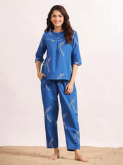 Blue bird print Cotton Printed Night Suit Set with Pajama - SanskrutiHomes 