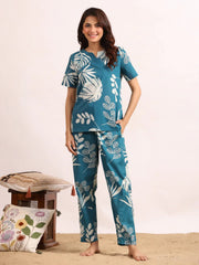 Blue tropical Print Night Suit Set with Payjama - SanskrutiHomes 