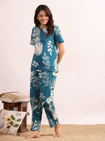 Blue tropical Print Night Suit Set with Payjama - SanskrutiHomes 