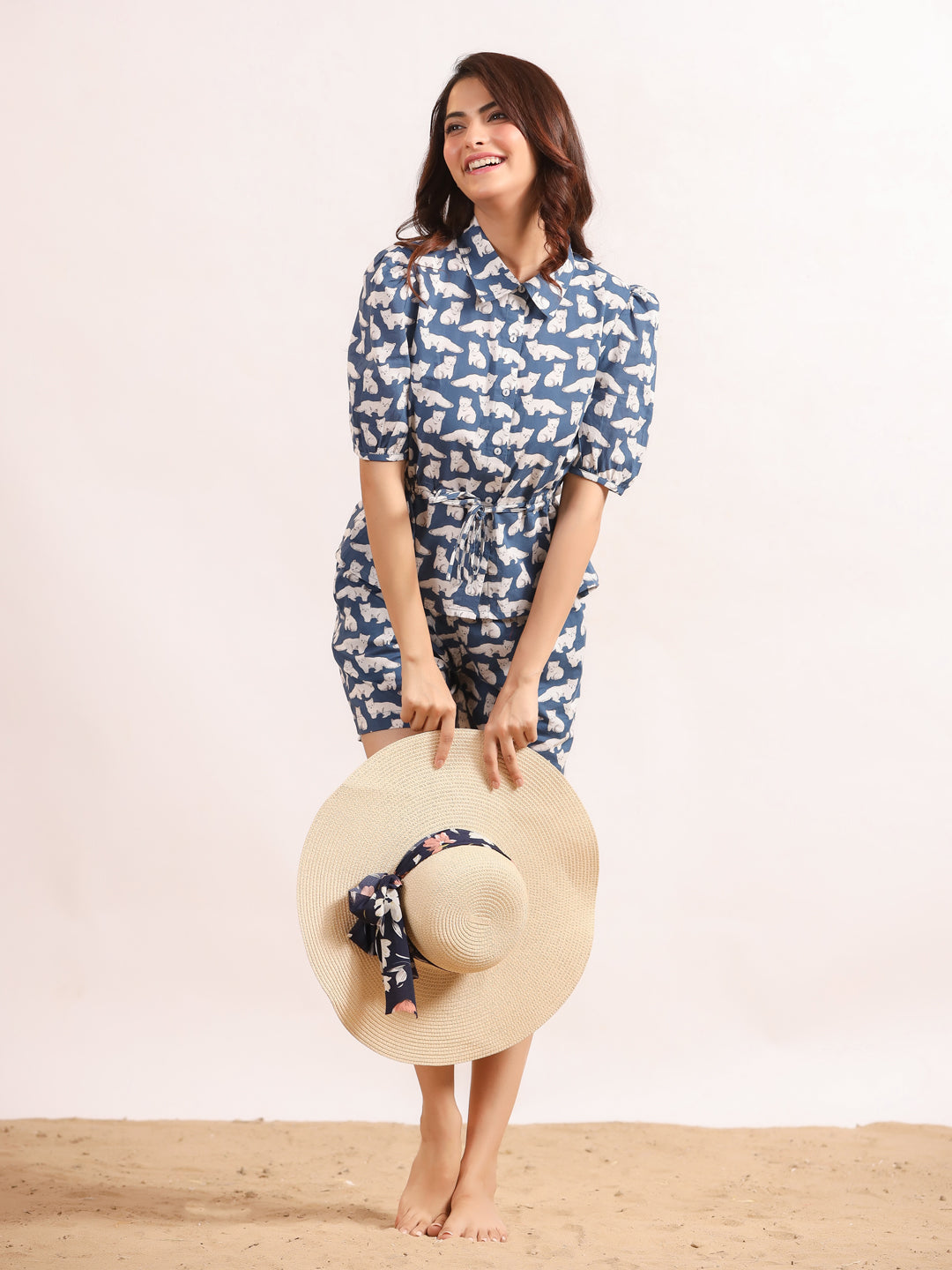 White & Blue Cats Shirt & Shorts Night Suit Set - SanskrutiHomes 