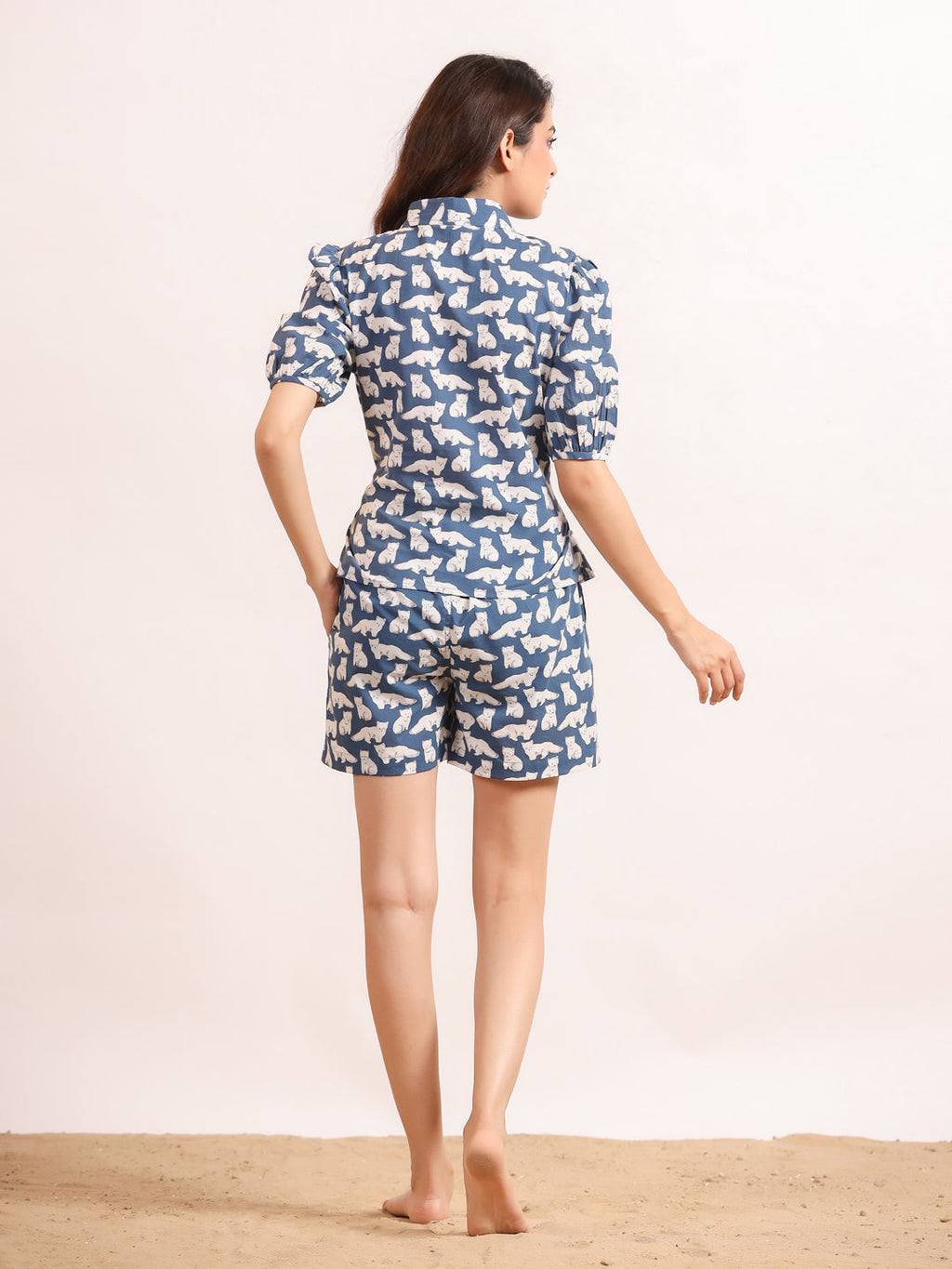 White & Blue Cats Shirt & Shorts Night Suit Set - SanskrutiHomes 