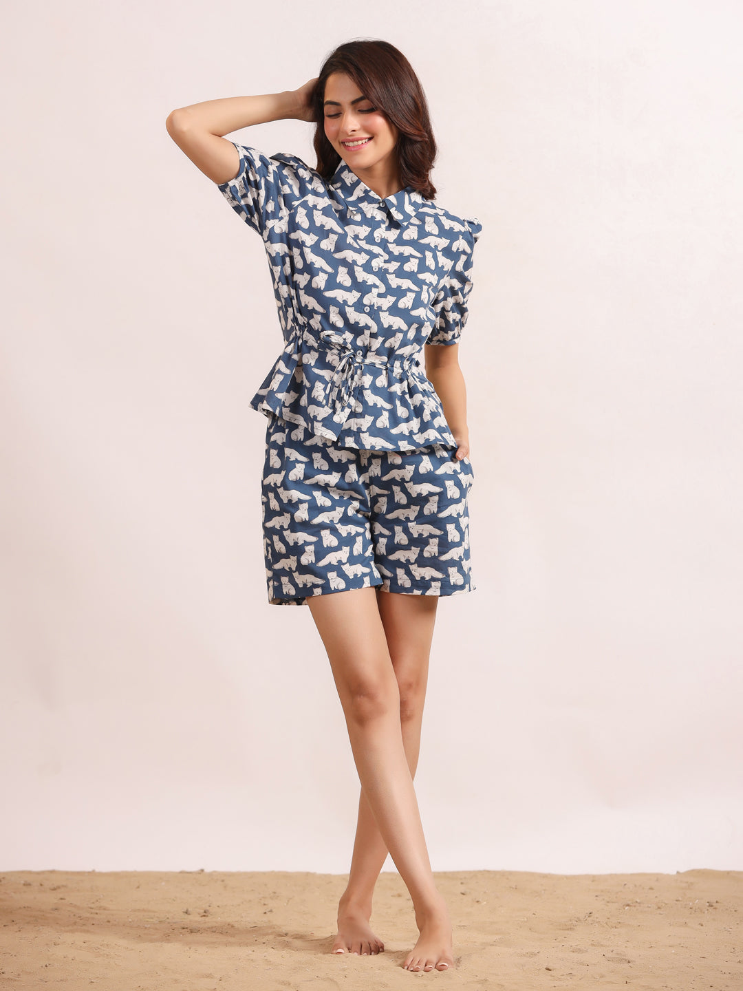 White & Blue Cats Shirt & Shorts Night Suit Set - SanskrutiHomes 