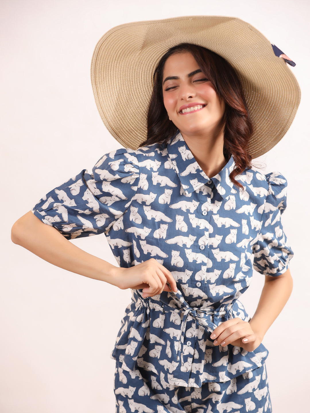 White & Blue Cats Shirt & Shorts Night Suit Set - SanskrutiHomes 