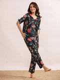 Black floral printed Cotton Printed Night Suit Set with Pajama - SanskrutiHomes 