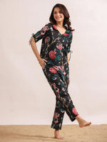 Black floral printed Cotton Printed Night Suit Set with Pajama - SanskrutiHomes 