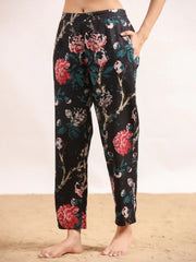 Black floral printed Cotton Printed Night Suit Set with Pajama - SanskrutiHomes 