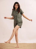 Women Green Leaf & Floral Printed Cotton Night Suit Set - SanskrutiHomes 