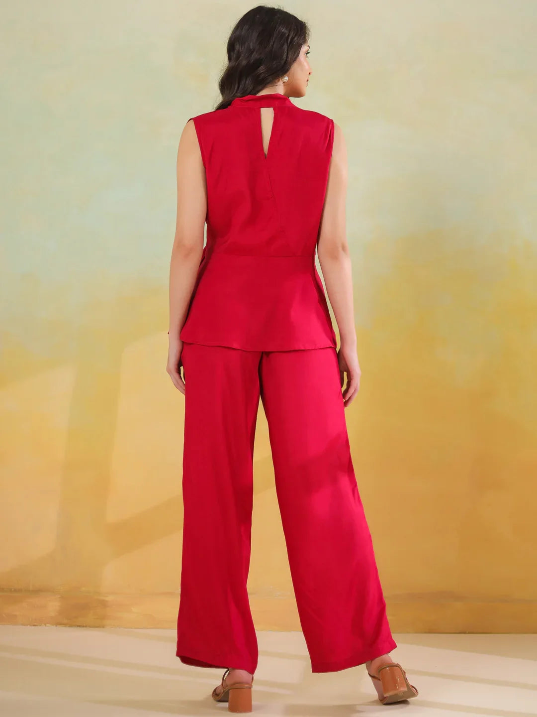 Red Solid Print V-Neck Co-ords Set for Women - SanskrutiHomes 