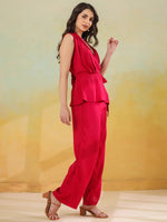 Red Solid Print V-Neck Co-ords Set for Women - SanskrutiHomes 