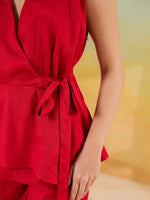 Red Solid Print V-Neck Co-ords Set for Women - SanskrutiHomes 