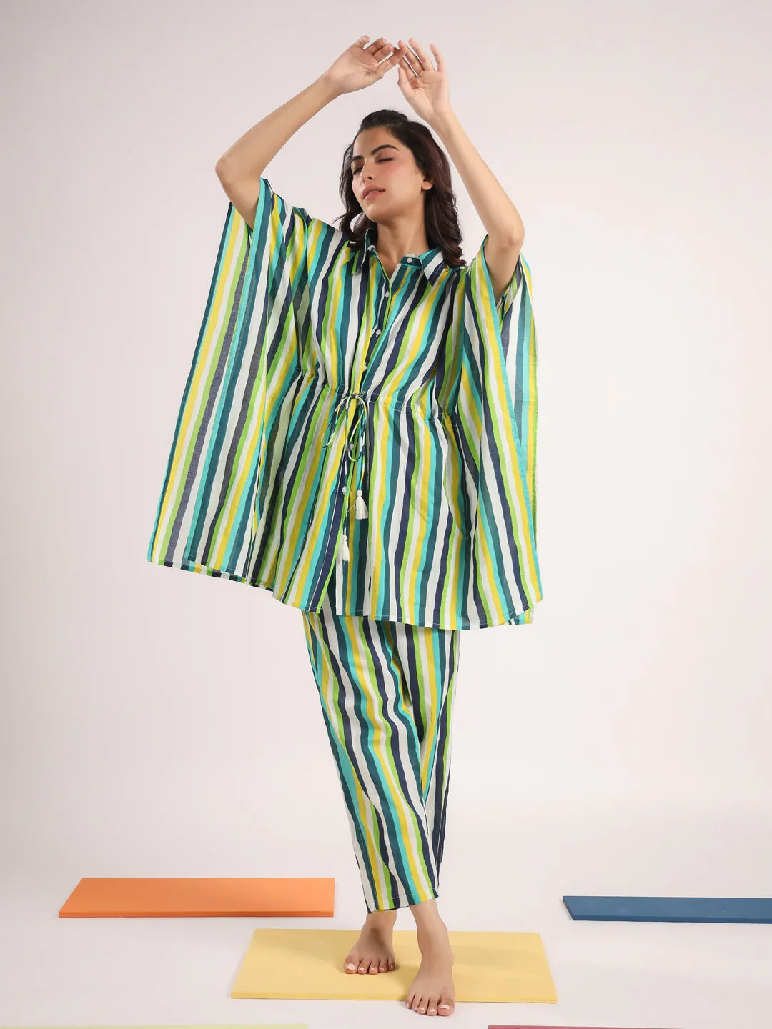Green & White Striped Kaftan Set - SanskrutiHomes 