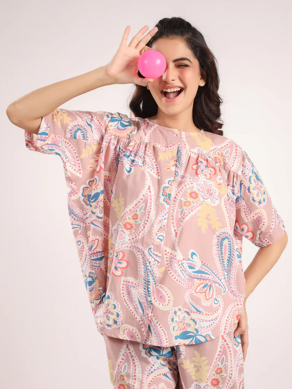 Women's Pure Cotton Pink Ethnic Motifs Print Night suits - SanskrutiHomes 