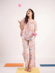 Women's Pure Cotton Pink Ethnic Motifs Print Night suits - SanskrutiHomes 