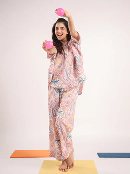 Women's Pure Cotton Pink Ethnic Motifs Print Night suits - SanskrutiHomes 