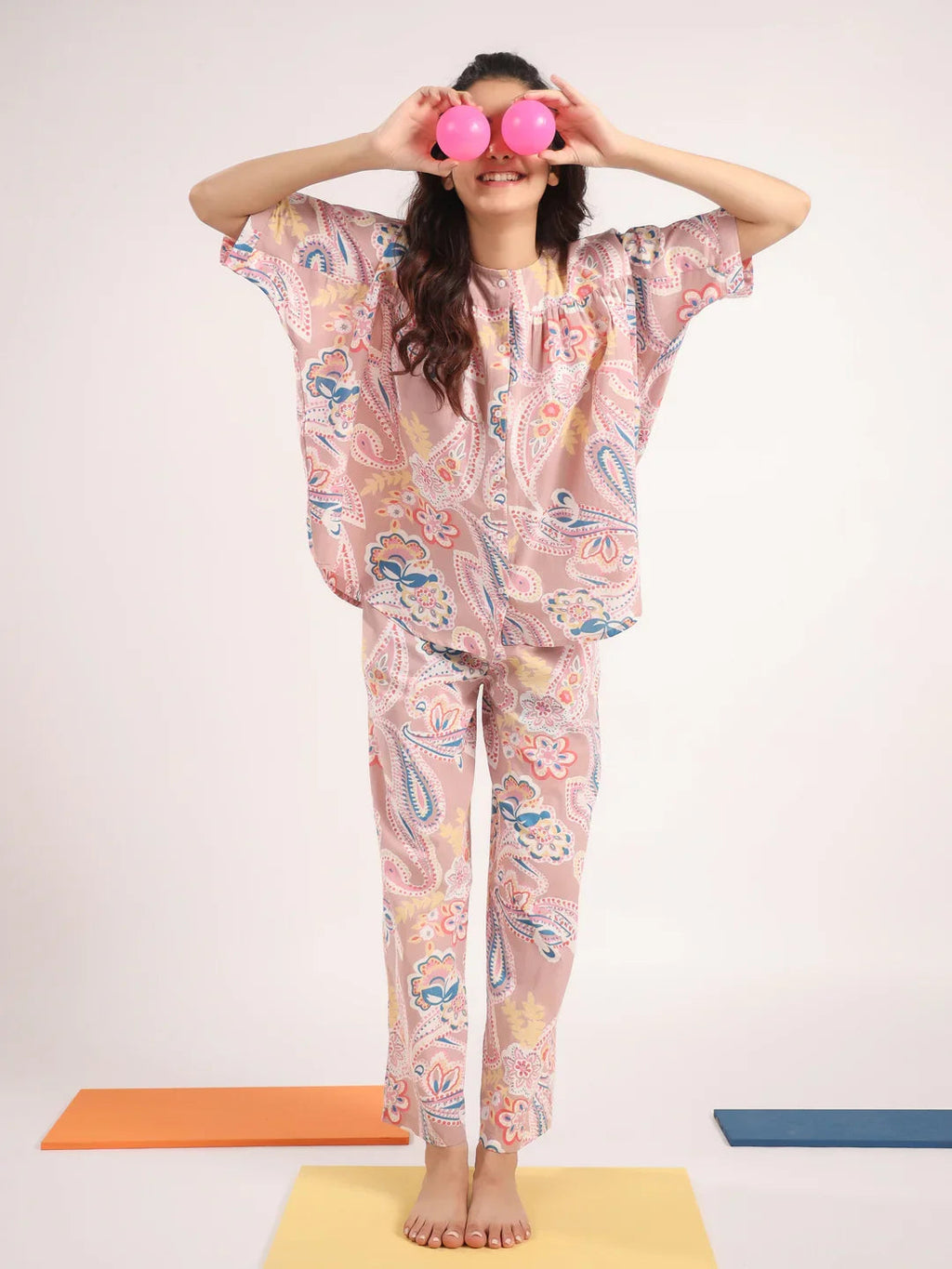 Women's Pure Cotton Pink Ethnic Motifs Print Night suits - SanskrutiHomes 