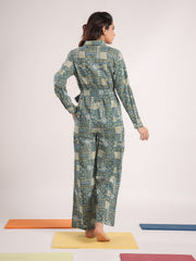 Green Printed Shirt Collar Pure Cotton Jumpsuit With Belt For Women