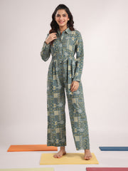 Green Printed Shirt Collar Pure Cotton Jumpsuit With Belt For Women