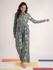 Green Printed Shirt Collar Pure Cotton Jumpsuit With Belt For Women