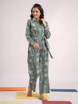 Green Printed Shirt Collar Pure Cotton Jumpsuit With Belt For Women