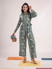 Green Printed Shirt Collar Pure Cotton Jumpsuit With Belt For Women
