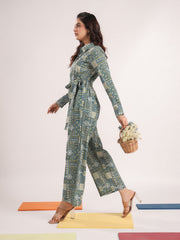 Green Printed Shirt Collar Pure Cotton Jumpsuit With Belt For Women