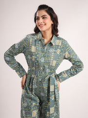 Green Printed Shirt Collar Pure Cotton Jumpsuit With Belt For Women