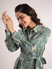 Green Printed Shirt Collar Pure Cotton Jumpsuit With Belt For Women