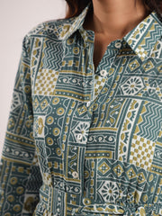 Green Printed Shirt Collar Pure Cotton Jumpsuit With Belt For Women