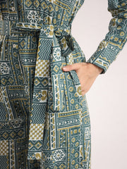 Green Printed Shirt Collar Pure Cotton Jumpsuit With Belt For Women