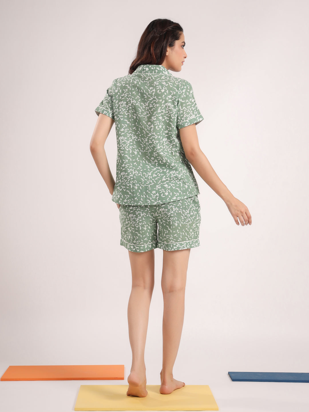 Green printed Night Suit Shirt & Shorts Set - SanskrutiHomes 