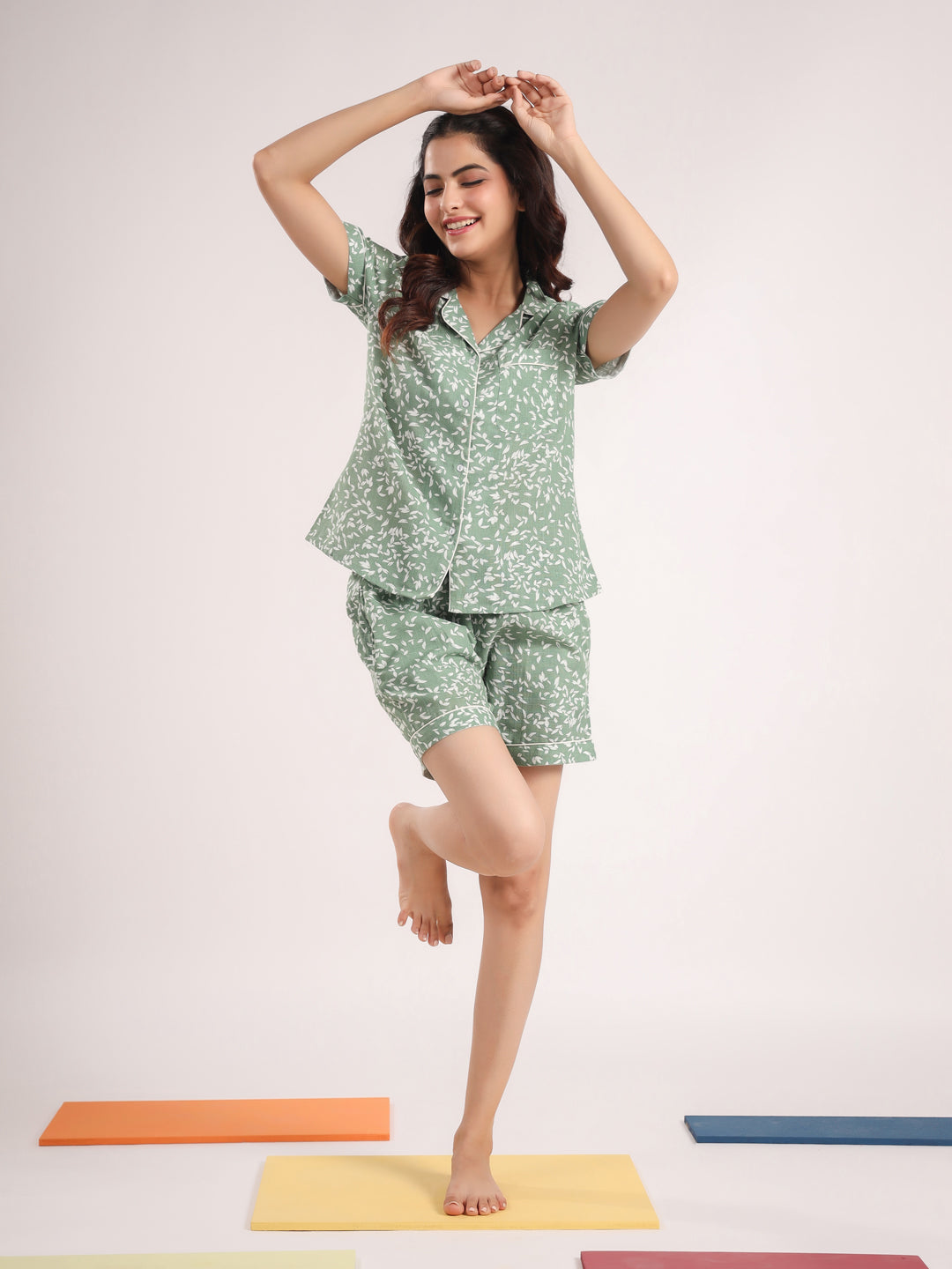 Green printed Night Suit Shirt & Shorts Set - SanskrutiHomes 