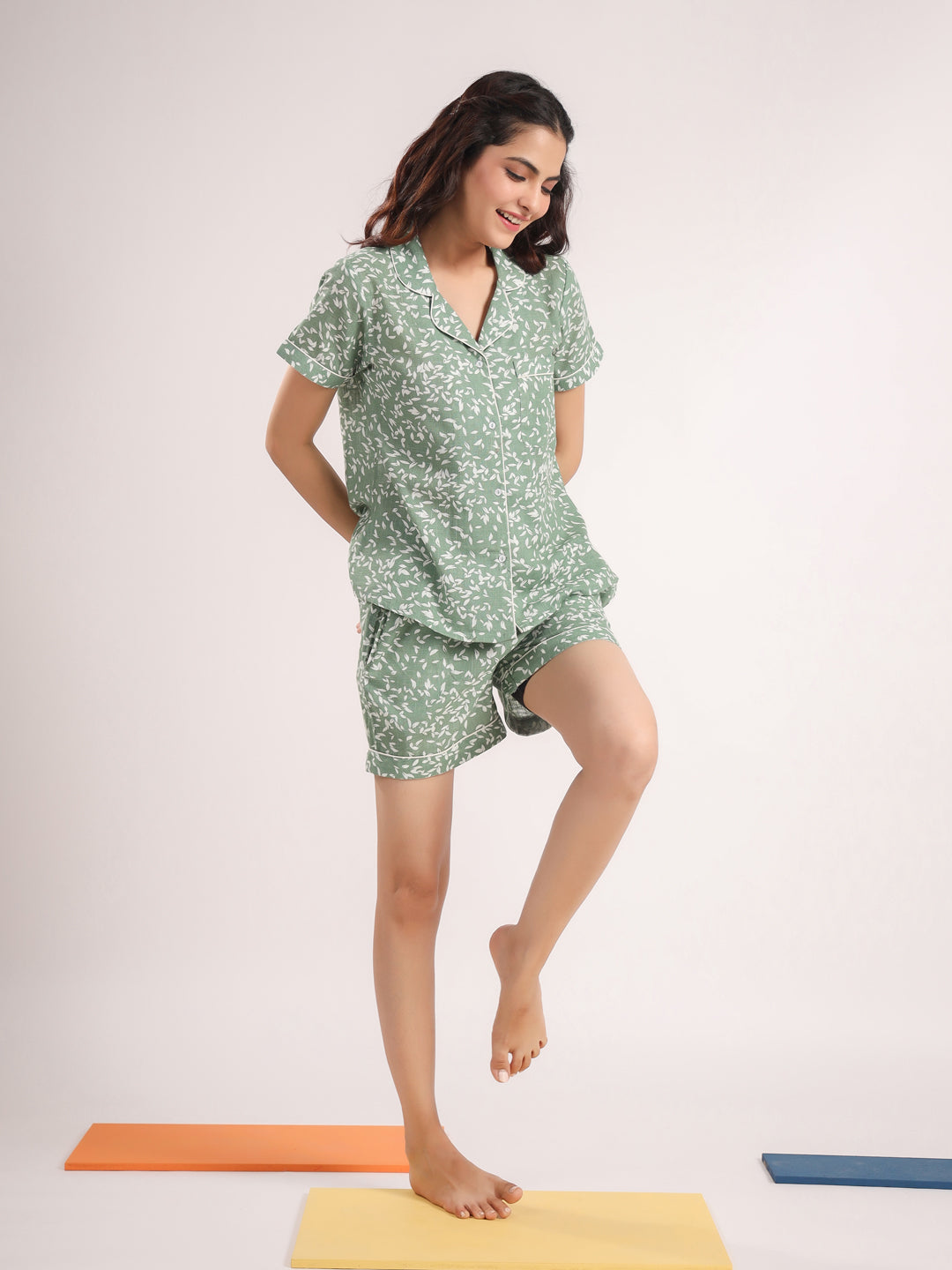 Green printed Night Suit Shirt & Shorts Set - SanskrutiHomes 