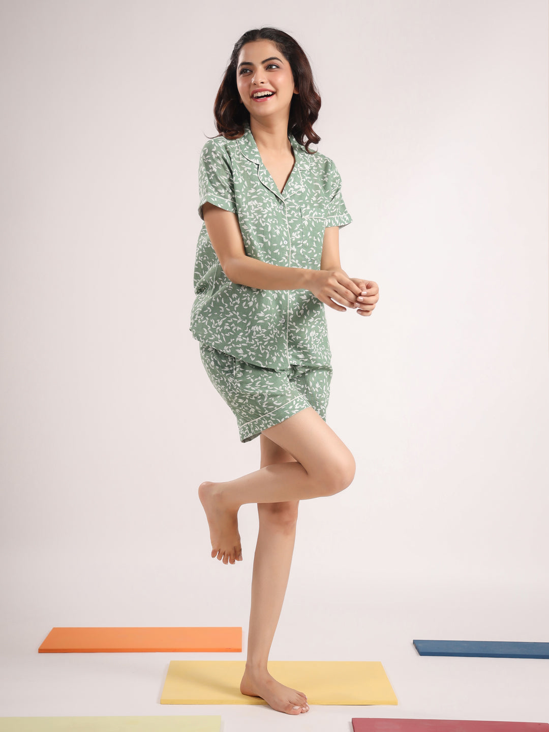 Green printed Night Suit Shirt & Shorts Set - SanskrutiHomes 