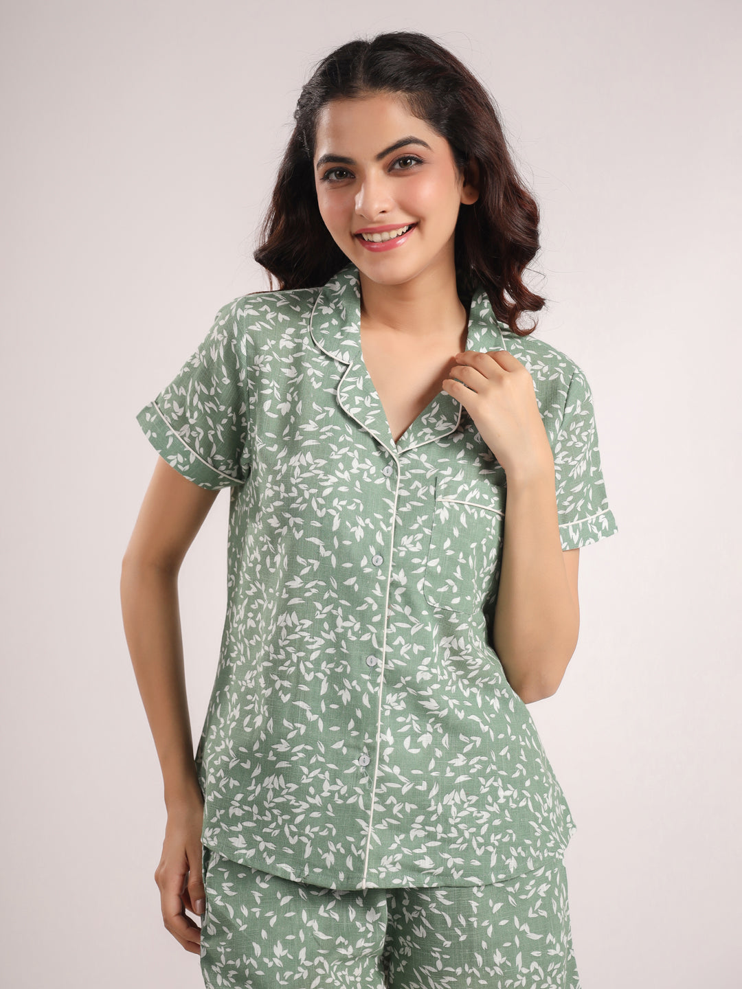 Green printed Night Suit Shirt & Shorts Set - SanskrutiHomes 