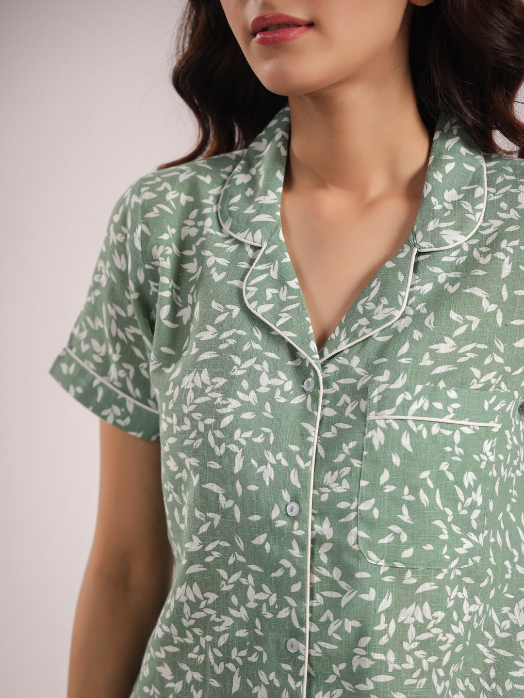 Green printed Night Suit Shirt & Shorts Set - SanskrutiHomes 