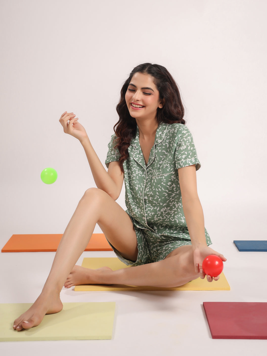 Green printed Night Suit Shirt & Shorts Set - SanskrutiHomes 
