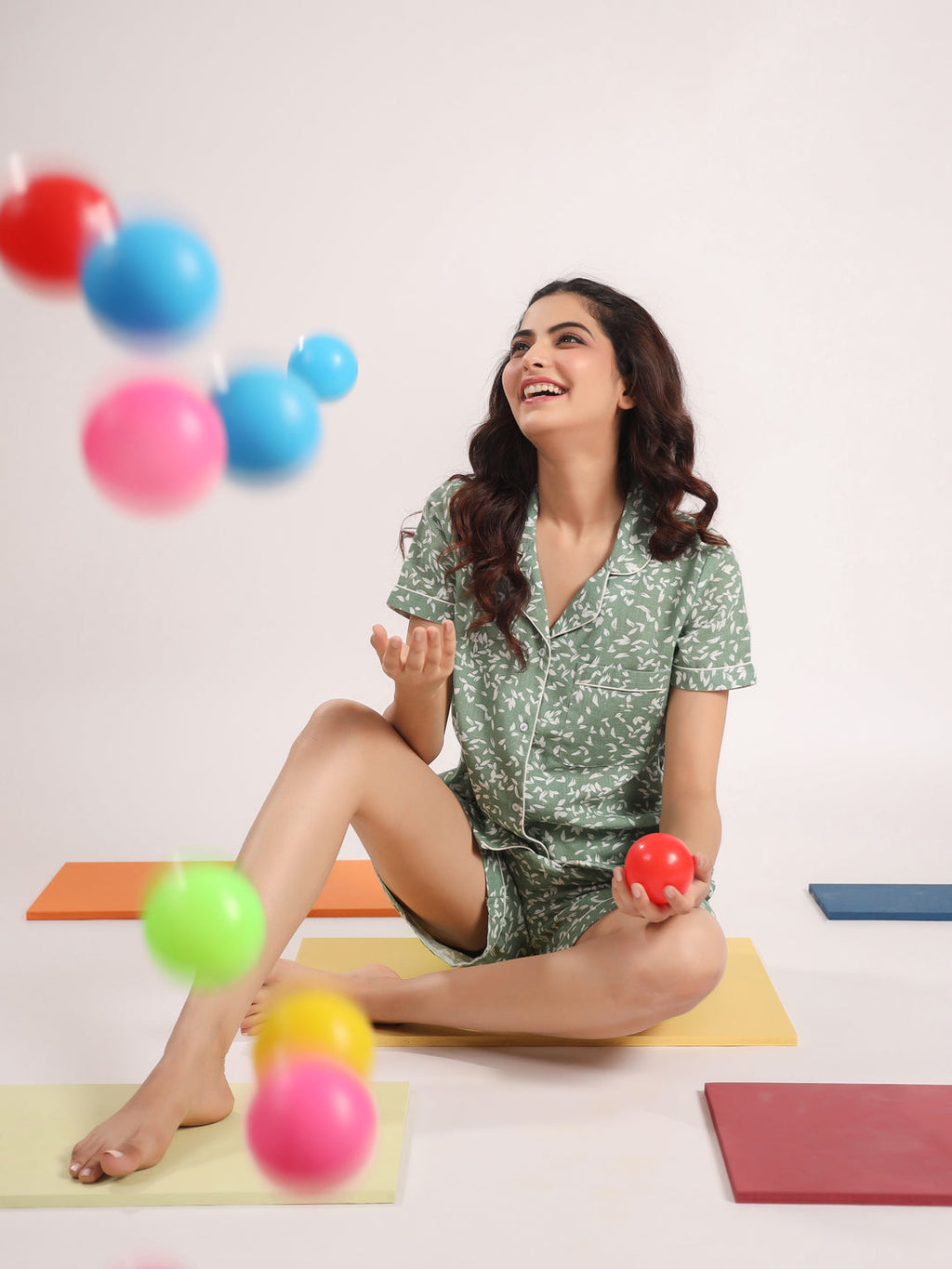 Green printed Night Suit Shirt & Shorts Set - SanskrutiHomes 